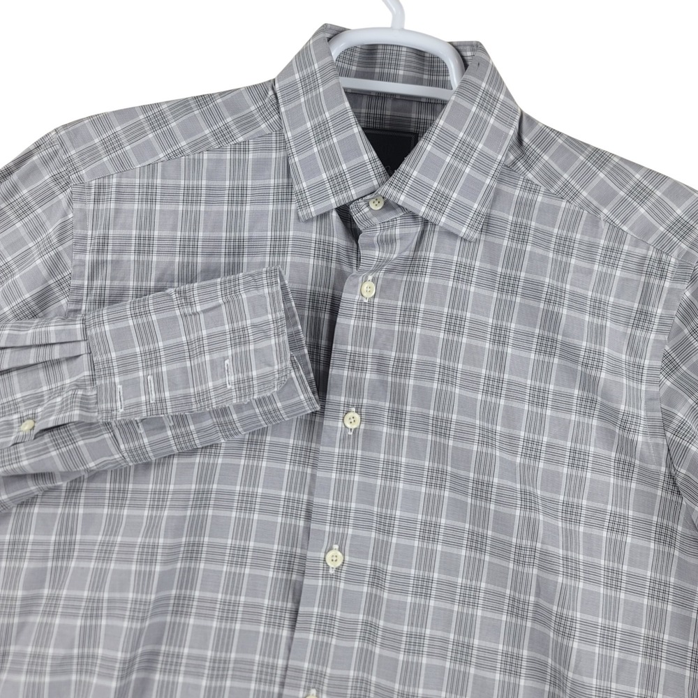 David Donahue Dress Shirt Mens 15 32/33 Grey Button Up Plaid French Cuff Cotton